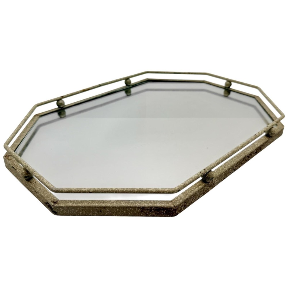 Octagon Mirrored Tray Distressed Metal Vanity Bar Cart Decor Vintage Style